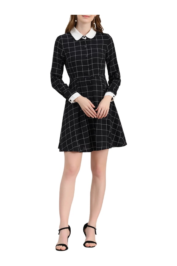 Women's Peter Pan Collar Contrast Retro Plaid Dress M Black