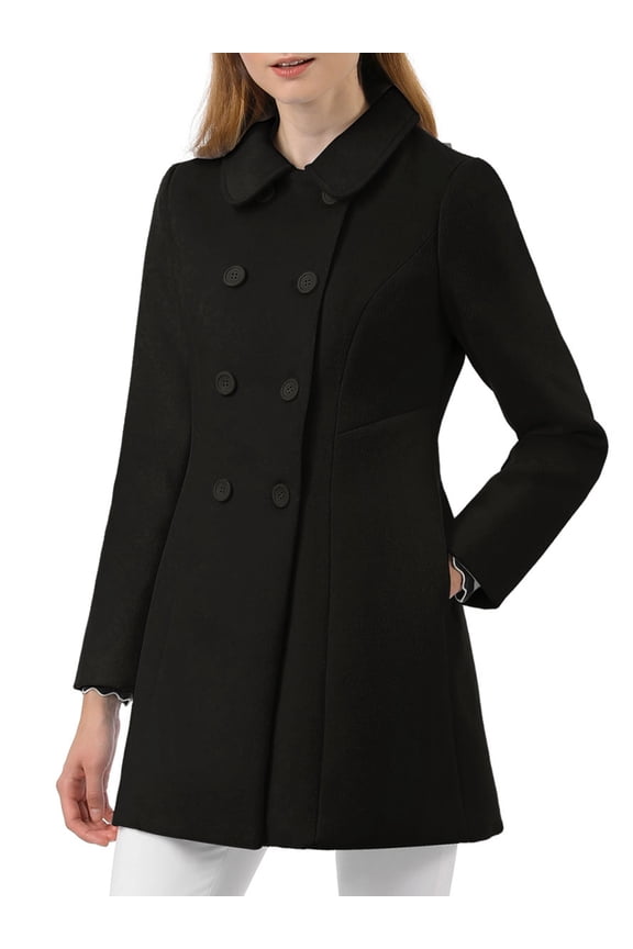 Women's Peter Pan Collar Overcoat Double Breasted Winter Trench Pea Coat Black 2XL