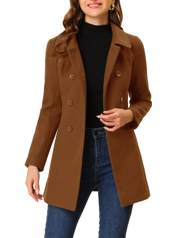 Women's Peter Pan Collar Overcoat Double Breasted Winter Trench Pea Coat Dark Brown L