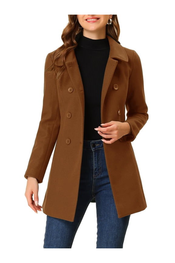 Women's Peter Pan Collar Overcoat Double Breasted Winter Trench Pea Coat Dark Brown L