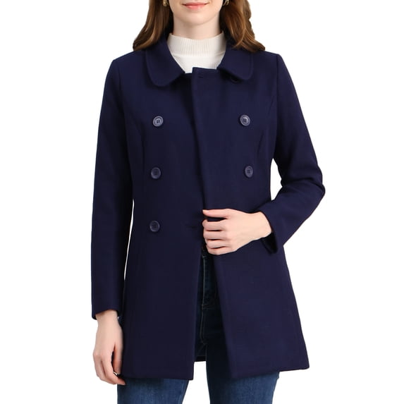 INSPIRE CHIC Women's Peter Pan Collar Double Breasted Winter Long Trench Pea Coat Navy Blue L