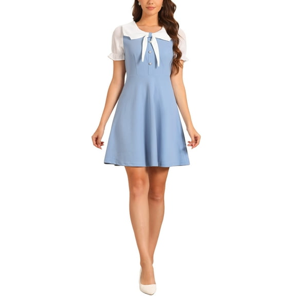 INSPIRE CHIC Women's Peter Pan Collar Dresses Short Sleeve A-Line Mini Dress S Blue