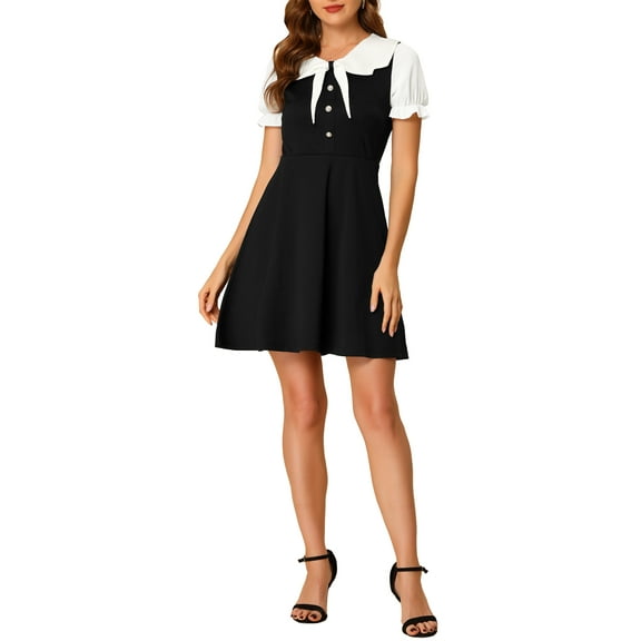 INSPIRE CHIC Women's Peter Pan Collar Dresses Short Sleeve A-Line Mini Dress XS Black