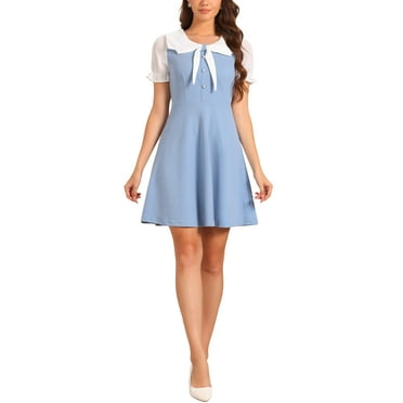 Allegra K Women's Peter Pan Collar Dresses Short Sleeve A-Line Mini Dress XS Blue