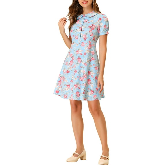 Allegra K Women's Peter Pan Collar Half Placket Vintage Floral Dresses