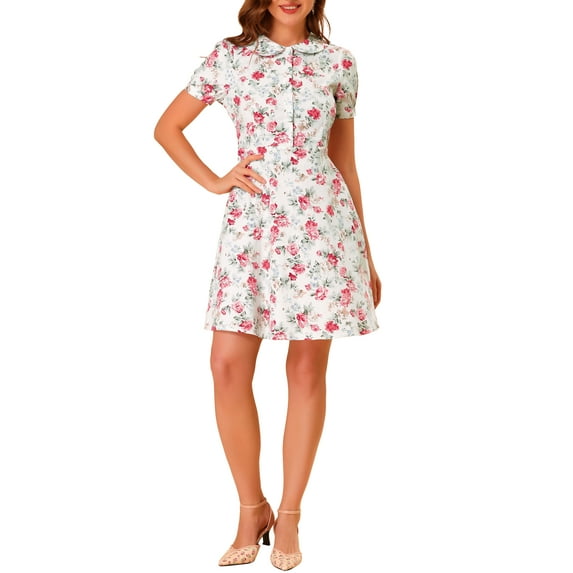 Allegra K Women's Peter Pan Collar Half Placket Vintage Floral Dresses