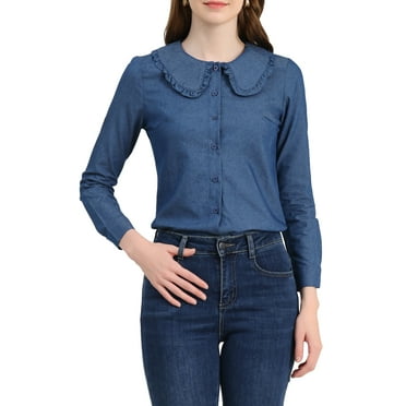 Allegra K Women's Peter Pan Collar Jean Ruffled Button Down Denim Shirt S Blue