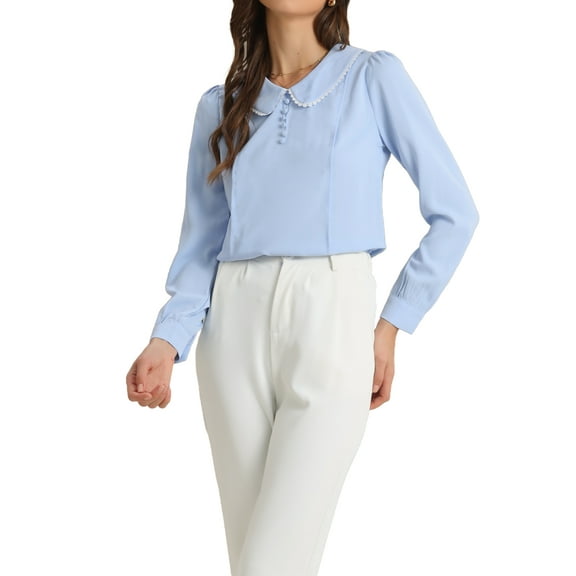 INSPIRE CHIC Women's Peter Pan Collar Keyhole Back Button Decor Long Sleeve Blouse L Sky Blue