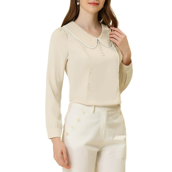 INSPIRE CHIC Women's Peter Pan Collar Keyhole Back Button Decor Long Sleeve Blouse M Apricot