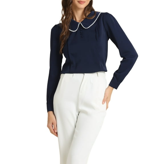 INSPIRE CHIC Women's Peter Pan Collar Keyhole Back Button Decor Long Sleeve Blouse S Dark Blue