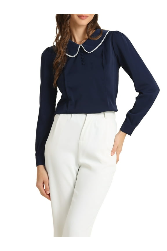 Women's Peter Pan Collar Keyhole Back Button Decor Long Sleeve Blouse S Dark Blue