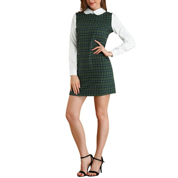 INSPIRE CHIC Women's Christmas Peter Pan Dress 60s Color Block Mini Long Sleeve Dresses 2XL Green Blue