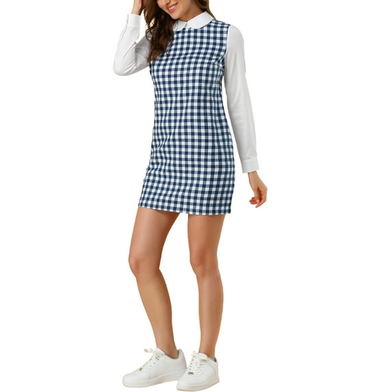 Allegra K Women's Christmas Peter Pan Dress 60s Color Block Mini Long Sleeve Dresses XL Blue White