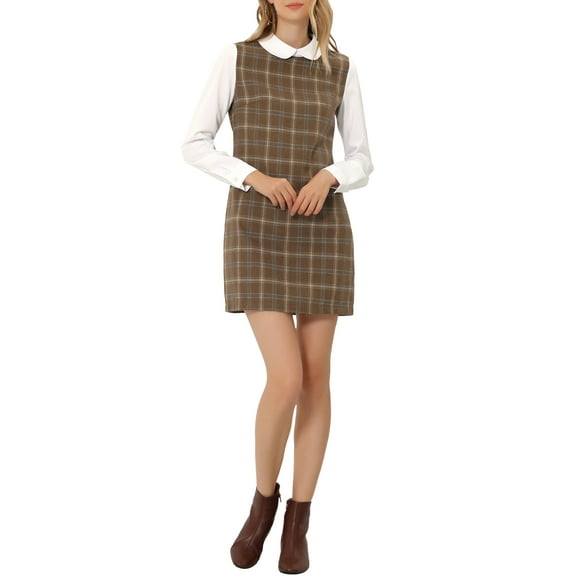 INSPIRE CHIC Women's Christmas Peter Pan Dress 60s Color Block Mini Long Sleeve Dresses XS Dark Brown