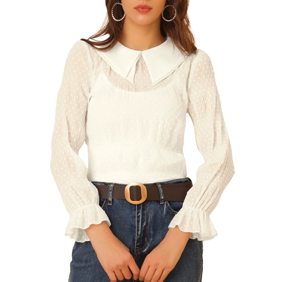 INSPIRE CHIC Women's Peter Pan Collar Long Sleeve Swiss Dots Chiffon Blouse Top White L