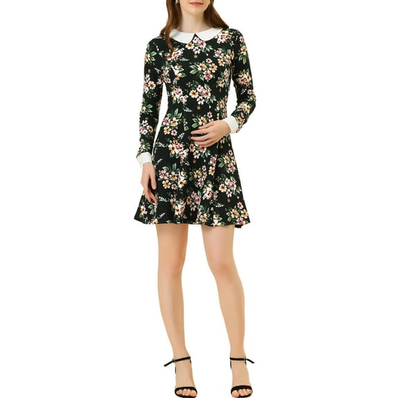 INSPIRE CHIC Women's Peter Pan Collar Long Sleeves Above Knee A Line Dress M Black-Floral