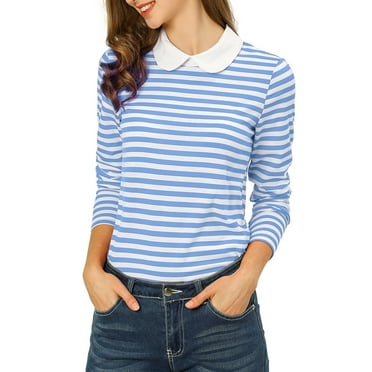 Allegra K Women's Peter Pan Collar Long Sleeves Contrast Striped Blouse M Light Blue