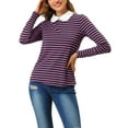 thumbnail image 1 of INSPIRE CHIC Women's Long Sleeve Top Contrast Striped Doll Collar Elastic Loop Back Casual Blouse M Purple Black, 1 of 9