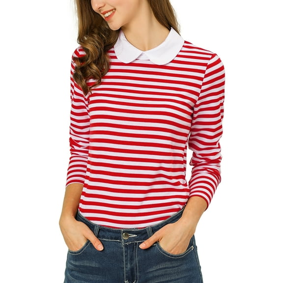 INSPIRE CHIC Women's Long Sleeve Top Contrast Striped Doll Collar Elastic Loop Back Casual Blouse M Red
