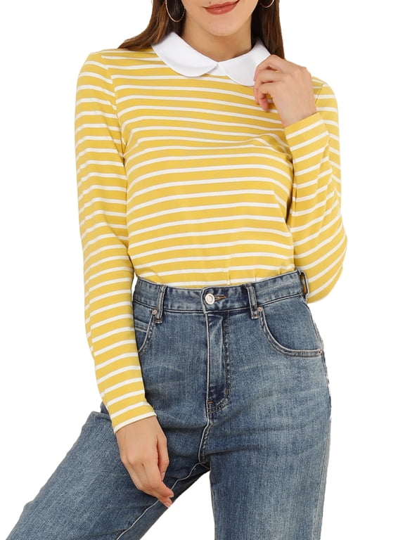 Women's Peter Pan Collar Long Sleeves Contrast Striped Blouse S Yellow
