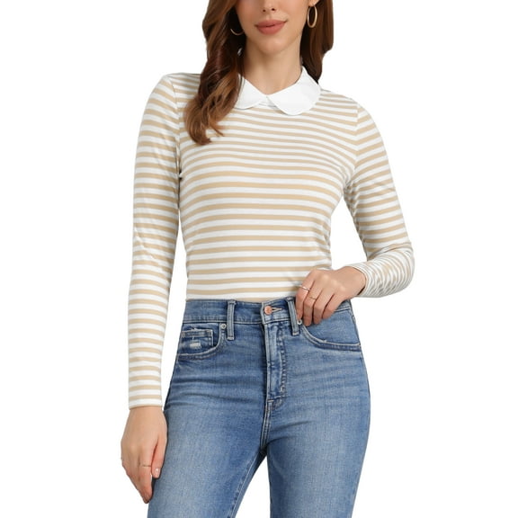 INSPIRE CHIC Women's Long Sleeve Top Contrast Striped Doll Collar Elastic Loop Back Casual Blouse XL Apricot