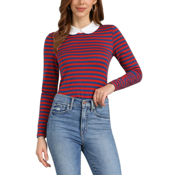 INSPIRE CHIC Women's Long Sleeve Top Contrast Striped Doll Collar Elastic Loop Back Casual Blouse XL Klein Blue