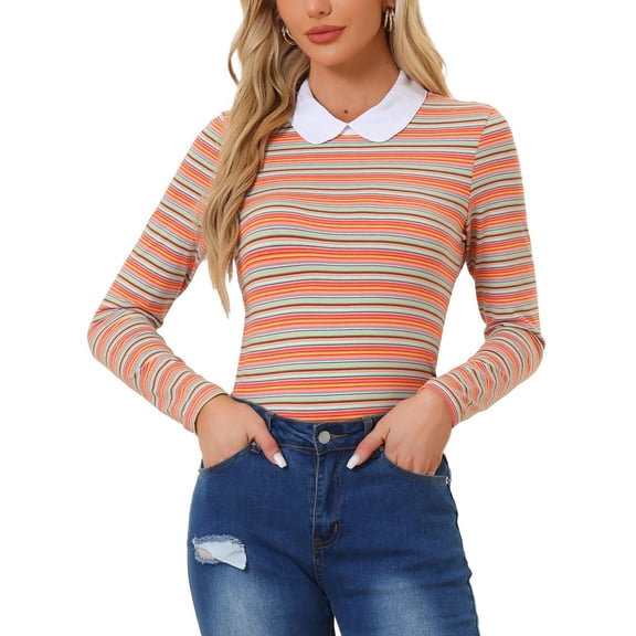 INSPIRE CHIC Women's Long Sleeve Top Contrast Striped Doll Collar Elastic Loop Back Casual Blouse XS Multicolor