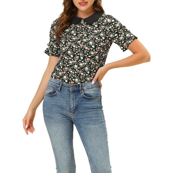 INSPIRE CHIC Women's Peter Pan Collar Puff Short Sleeve Button Down Floral Shirt Top Black S