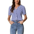 thumbnail image 1 of INSPIRE CHIC Women's Blouses Peter Pan Collar Puff Short Sleeves Ruffle Plaid Shirt Tops L Dark Blue, 1 of 5