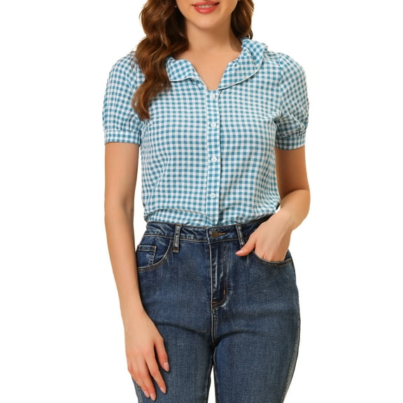 INSPIRE CHIC Women's Blouses Peter Pan Collar Puff Short Sleeves Ruffle Plaid Shirt Tops M Blue