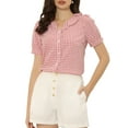 thumbnail image 1 of INSPIRE CHIC Women's Blouses Peter Pan Collar Puff Short Sleeves Ruffle Plaid Shirt Tops S Pink, 1 of 6