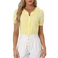 thumbnail image 1 of INSPIRE CHIC Women's Blouses Peter Pan Collar Puff Short Sleeves Ruffle Plaid Shirt Tops S Yellow, 1 of 6