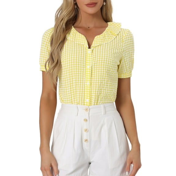 INSPIRE CHIC Women's Blouses Peter Pan Collar Puff Short Sleeves Ruffle Plaid Shirt Tops S Yellow