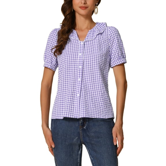 INSPIRE CHIC Women's Blouses Peter Pan Collar Puff Short Sleeves Ruffle Plaid Shirt Tops XL Purple