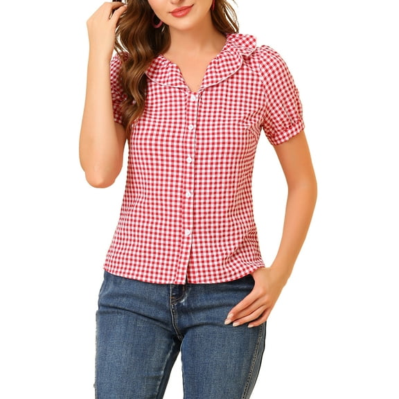 INSPIRE CHIC Women's Blouses Peter Pan Collar Puff Short Sleeves Ruffle Plaid Shirt Tops XL Red