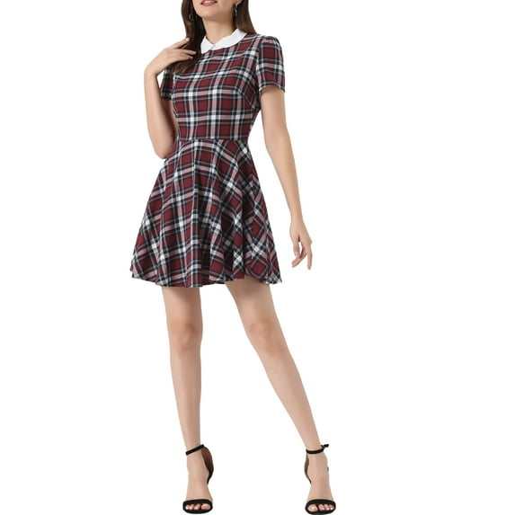 INSPIRE CHIC Women's Peter Pan Collar Puff Sleeves Above Knee Plaid Grid Dress M Red White