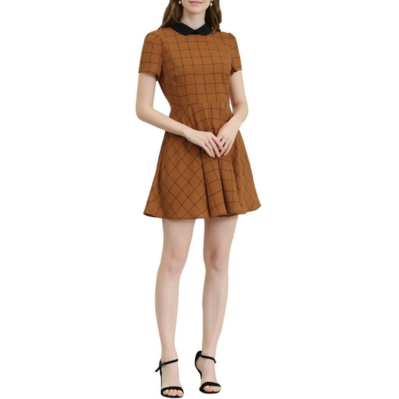 INSPIRE CHIC Women's Peter Pan Collar Puff Sleeves Above Knee Plaid Grid Dress M Yellow Brown