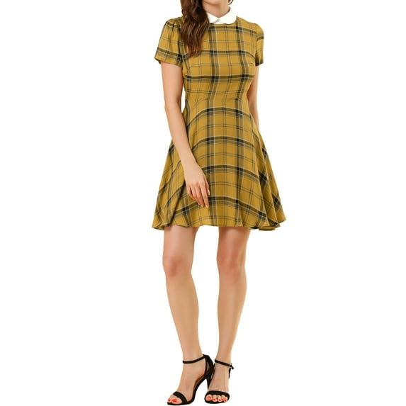 INSPIRE CHIC Women's Peter Pan Collar Puff Sleeves Above Knee Plaid Grid Dress