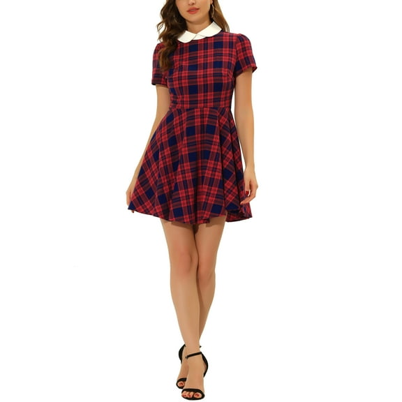 INSPIRE CHIC Women's Peter Pan Collar Puff Sleeves Above Knee Plaid Grid Dress S Red Blue