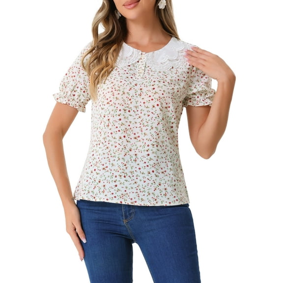 INSPIRE CHIC Women's Peter Pan Collar Ruffled Bubble Short Sleeve Floral Blouse M White