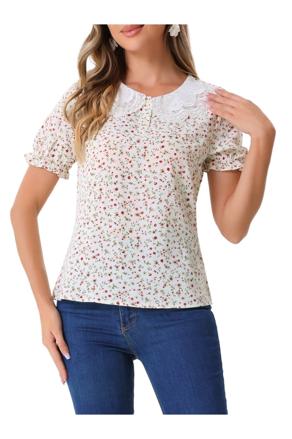 Women's Peter Pan Collar Ruffled Bubble Short Sleeve Floral Blouse M White