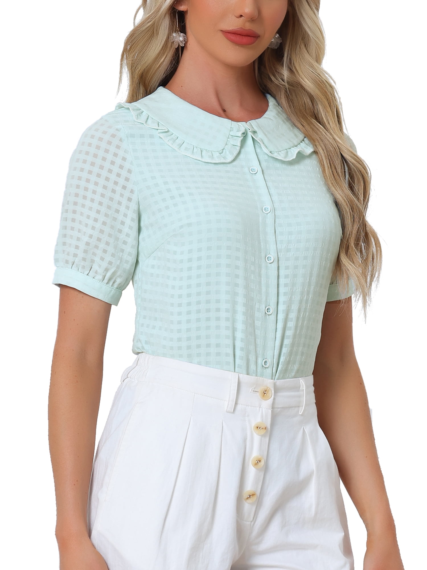 Allegra K Women's Peter Pan Collar Ruffled Trim Gingham Button Down ...