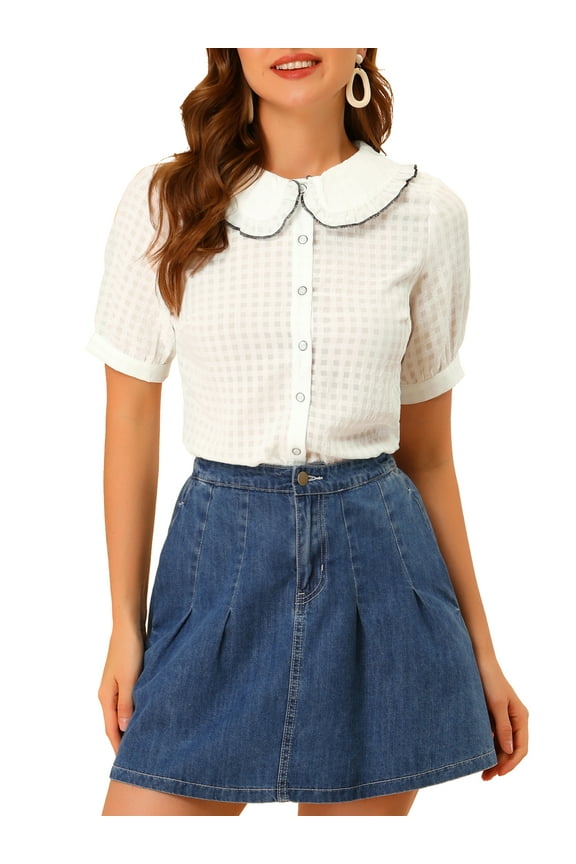 Women's Peter Pan Collar Ruffled Trim Gingham Button Down Blouse L White