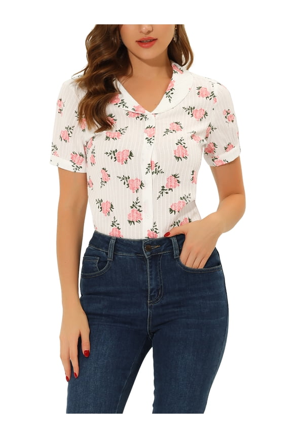 Women's Peter Pan Collar Semi Sheer Tops Button Front Floral Shirt