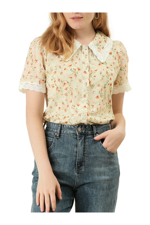 Women's Peter Pan Collar Shirt Lace Trim Floral Embroidered 1940s Peasant Blouse L Beige