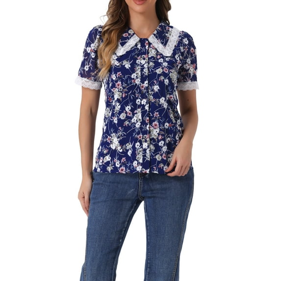 INSPIRE CHIC Women's Peter Pan Collar Shirt Lace Trim Floral Embroidered 1940s Peasant Blouse L Navy Blue