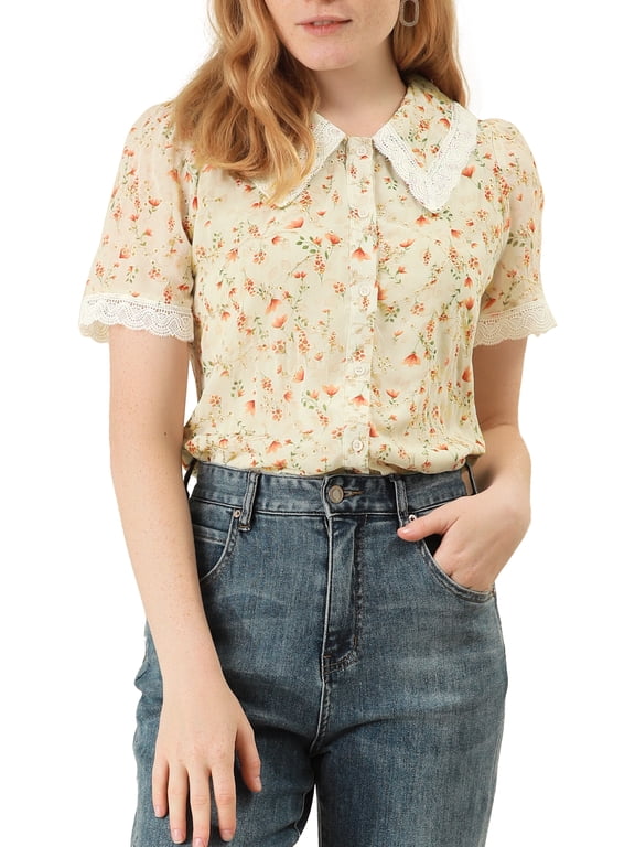 Women's Floral Chic Shirt Short Sleeve Lace Peter Pan Collar Button Front Blouse Beige M