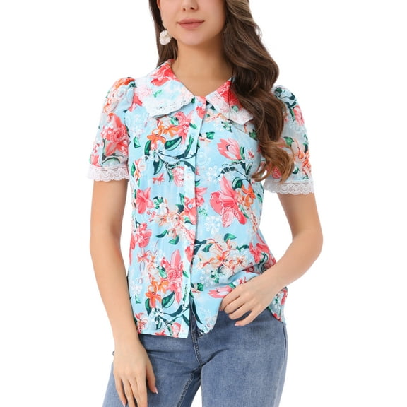 INSPIRE CHIC Women's Peter Pan Collar Shirt Lace Trim Floral Embroidered 1940s Peasant Blouse S Light Blue