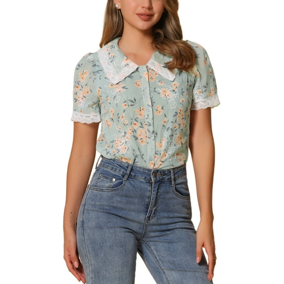 INSPIRE CHIC Women's Peter Pan Collar Shirt Lace Trim Floral Embroidered 1940s Peasant Blouse XL Light Green
