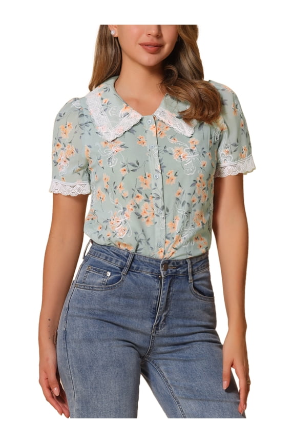 Women's Peter Pan Collar Shirt Lace Trim Floral Embroidered 1940s Peasant Blouse XL Light Green